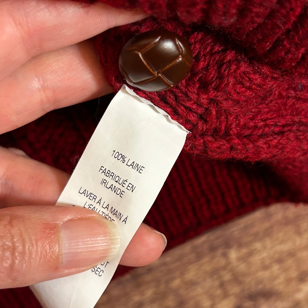 LL Bean Womens Merino Wool Cable Knit Cardigan Sweater Burgundy Red Ireland M - Picture 9 of 9